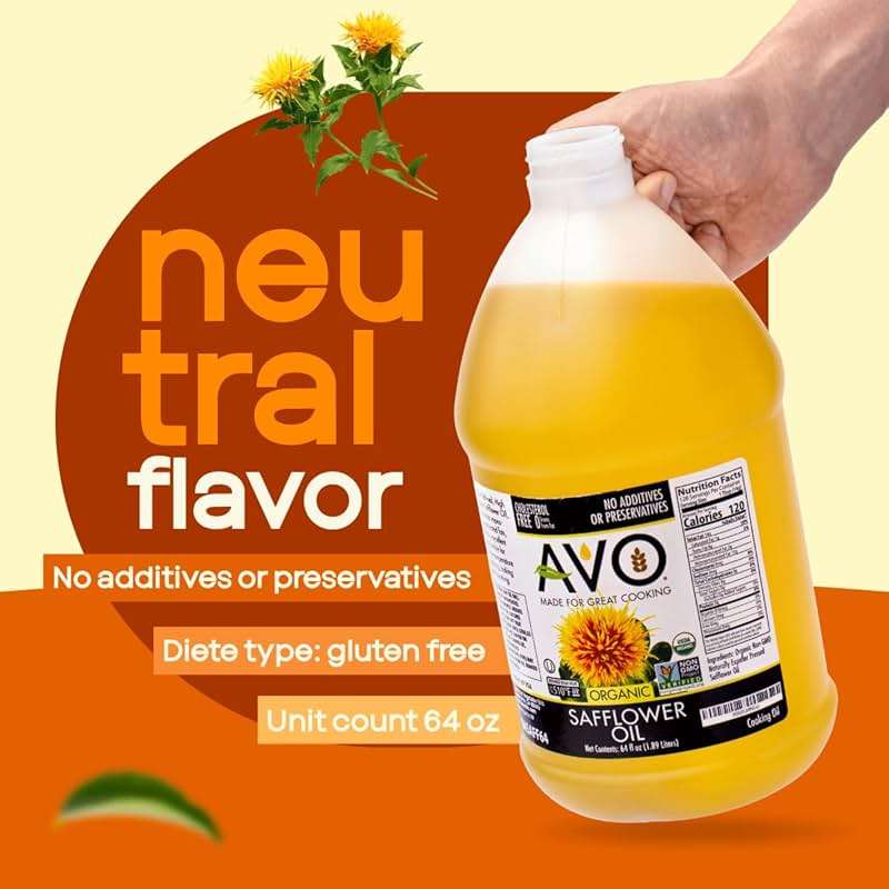 AVO Organic Safflower Oil for Cooking, Frying, Baking, Salads, Vinaigrette, Marinades. General Cooking Oil 64 Fl-oz (Half a Gallon), No preservatives, Naturally Processed, High Smoke Point 465°F - Image 8