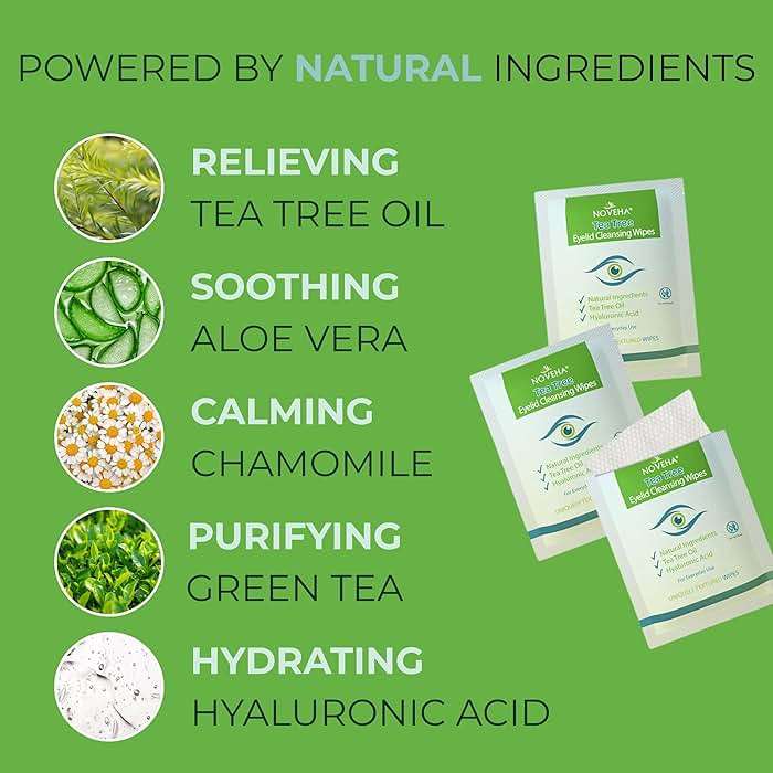 NOVEHA 60PCs Tea Tree Oil Eyelid & Lash Wipes | With Hyaluronic Acid, Green Tea & Chamomile For Blepharitis, Itchy & Stye Eyes, Individually Wrapped, Natural Eyelash Makeup Remover & Daily Cleanser - Image 4