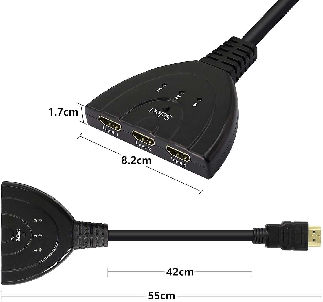 YACSEJAO 3 Port HDMI Switch，HDMI Switch 3 in 1 Out with HDMI Cable，1080P HDMI Splitter Manual HDMI Switcher Plug & Play - Manual HDMI Switcher - Image 3