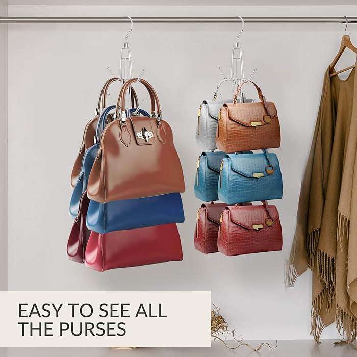 ZEDODIER 2 Pack Purse Organizer for Closet, Heavy-Duty Hanging Purse Hanger Closet Holds Up to 12 Purses, Metal Rotating Space Saving Bag Holder Handbag Storage Hook Backpack Rack, Silver - Image 2