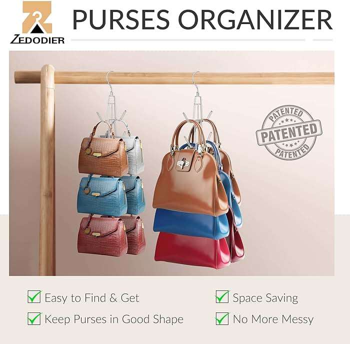 ZEDODIER 2 Pack Purse Organizer for Closet, Heavy-Duty Hanging Purse Hanger Closet Holds Up to 12 Purses, Metal Rotating Space Saving Bag Holder Handbag Storage Hook Backpack Rack, Silver - Image 3