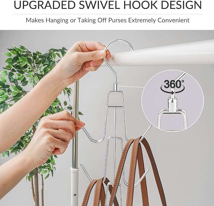ZEDODIER 2 Pack Purse Organizer for Closet, Heavy-Duty Hanging Purse Hanger Closet Holds Up to 12 Purses, Metal Rotating Space Saving Bag Holder Handbag Storage Hook Backpack Rack, Silver - Image 4