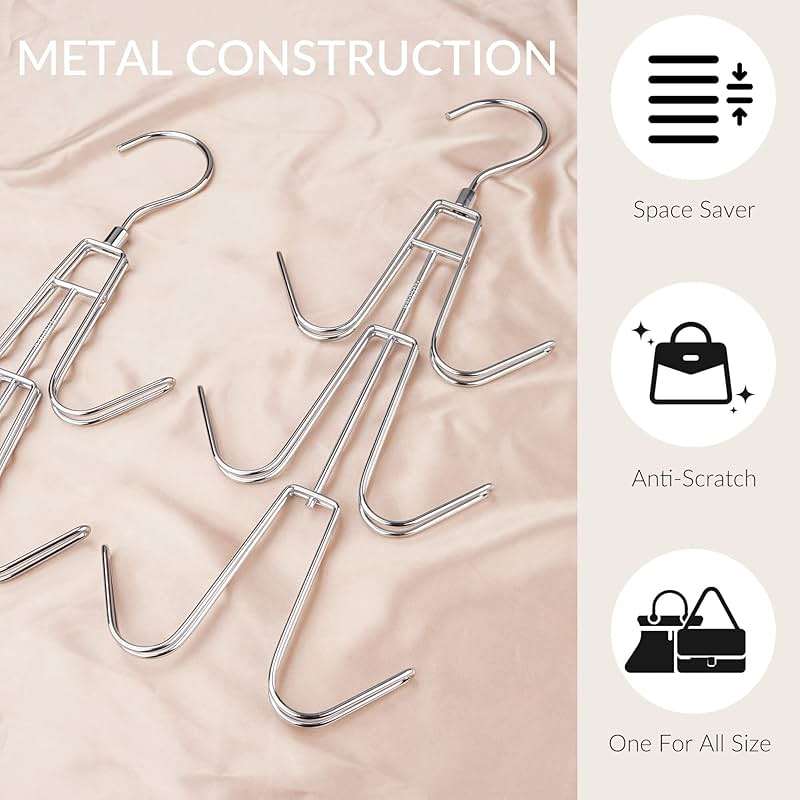 ZEDODIER 2 Pack Purse Organizer for Closet, Heavy-Duty Hanging Purse Hanger Closet Holds Up to 12 Purses, Metal Rotating Space Saving Bag Holder Handbag Storage Hook Backpack Rack, Silver - Image 5