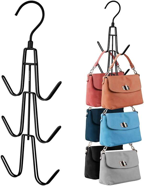 ZEDODIER 2 Pack Purse Organizer for Closet, Heavy-Duty Hanging Purse Hanger Closet Holds Up to 12 Purses, Metal Rotating Space Saving Bag Holder Handbag Storage Hook Backpack Rack, Black - Image 1