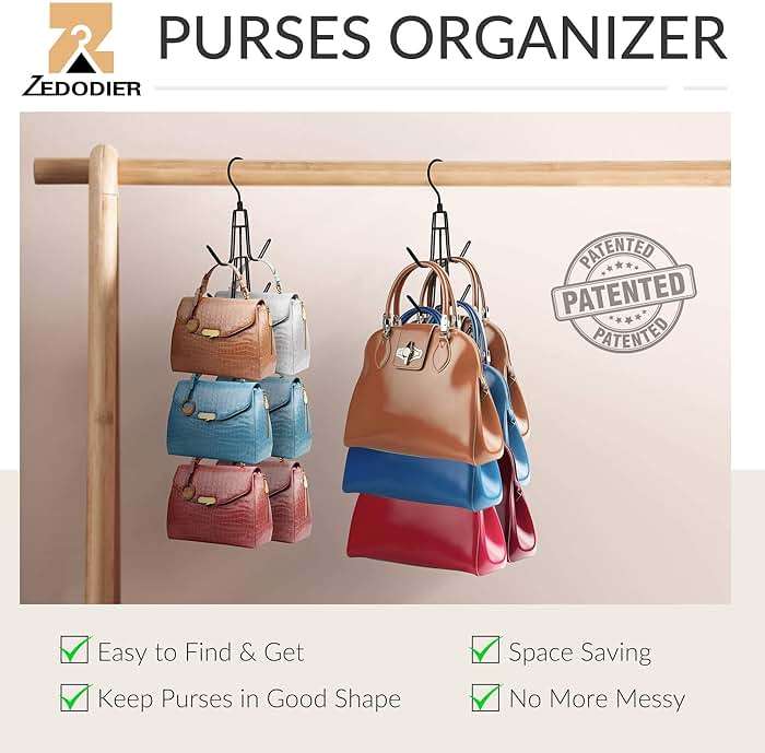 ZEDODIER 2 Pack Purse Organizer for Closet, Heavy-Duty Hanging Purse Hanger Closet Holds Up to 12 Purses, Metal Rotating Space Saving Bag Holder Handbag Storage Hook Backpack Rack, Black - Image 3