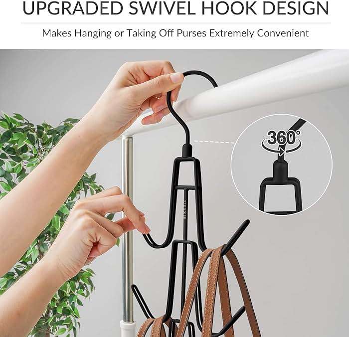 ZEDODIER 2 Pack Purse Organizer for Closet, Heavy-Duty Hanging Purse Hanger Closet Holds Up to 12 Purses, Metal Rotating Space Saving Bag Holder Handbag Storage Hook Backpack Rack, Black - Image 4