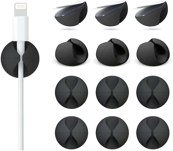 12 Pack Cable Clips, Znben Cord Organizer Holder Adhesive Cable Management Charger Wire Holder Clips for Desk, Home, Office, Car, Cubicle, Nightstand Black - Image 1