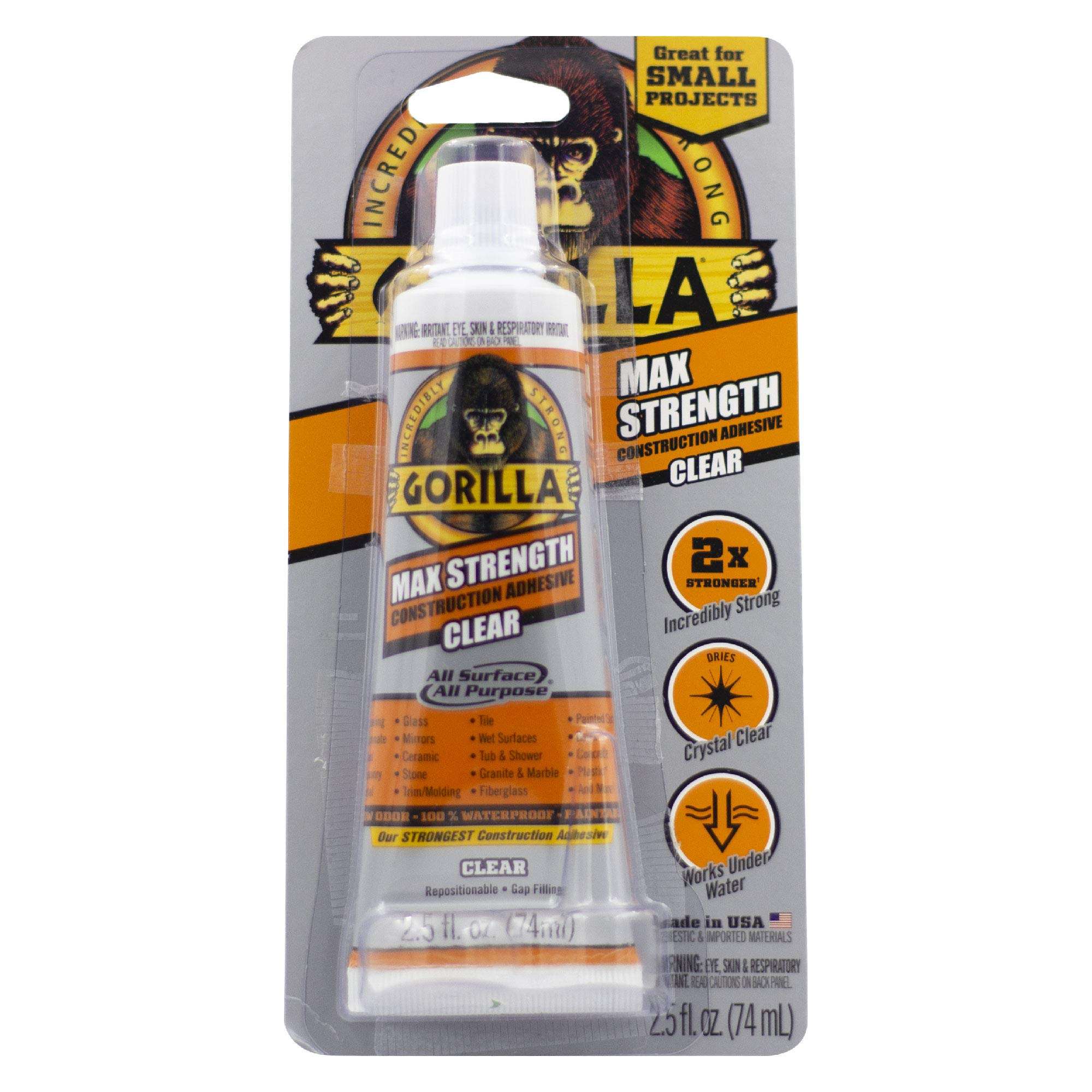 Gorilla Max Strength Construction Adhesive, 2.5 oz (Pack of 1), Clear, Waterproof for Quick Fixes Touch Ups, Bonds Wood Metal Glass Tile Stone Drywall, Indoor Outdoor Gap-Filling Paintable - Image 1