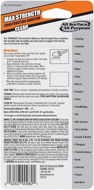 Gorilla Max Strength Construction Adhesive, 2.5 oz (Pack of 1), Clear, Waterproof for Quick Fixes Touch Ups, Bonds Wood Metal Glass Tile Stone Drywall, Indoor Outdoor Gap-Filling Paintable - Image 3