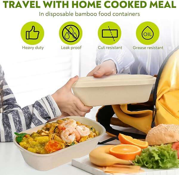 37 Oz Bamboo Disposable Food Containers, 50 Pack - Heavy Duty, Microwavable, Oven Safe - Perfect For Meal Prep, Salads, Lunch, To Go Food - Biodegradable (Brown) - Image 7