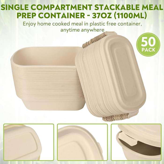 37 Oz Bamboo Disposable Food Containers, 50 Pack - Heavy Duty, Microwavable, Oven Safe - Perfect For Meal Prep, Salads, Lunch, To Go Food - Biodegradable (Brown) - Image 8