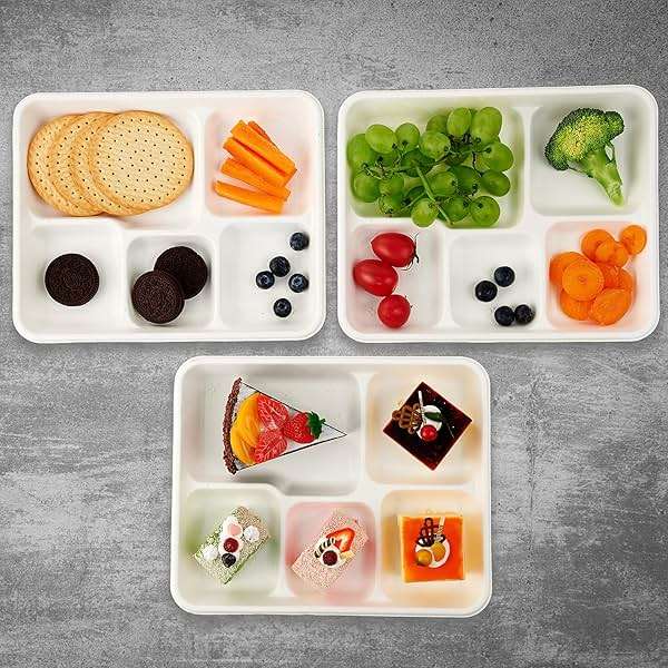 Vplus 100% Compostable Small 5 Compartment Plates 125 Pack 10.25 x 8.25 inch Disposable Sugarcane Bagasse Tray Perfect for Boys and Girls - Image 2