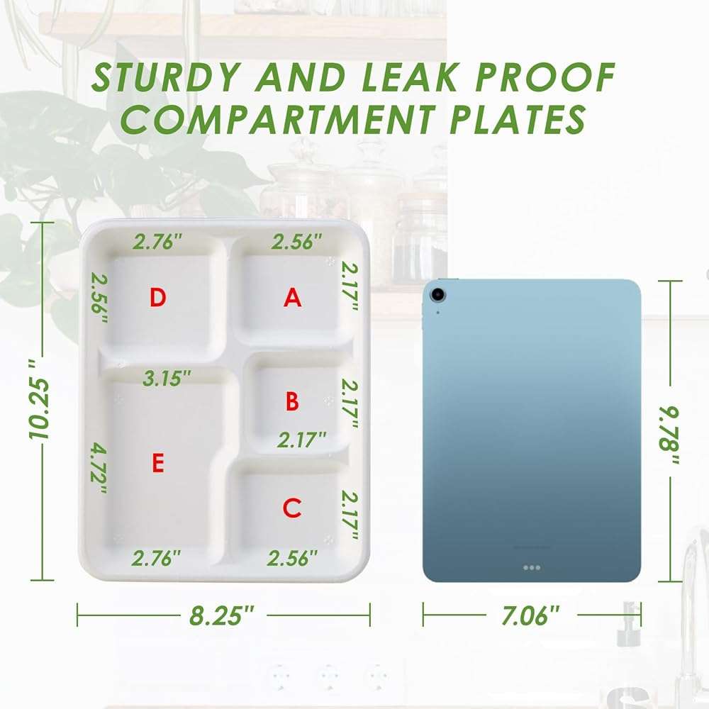 Vplus 100% Compostable Small 5 Compartment Plates 125 Pack 10.25 x 8.25 inch Disposable Sugarcane Bagasse Tray Perfect for Boys and Girls - Image 3