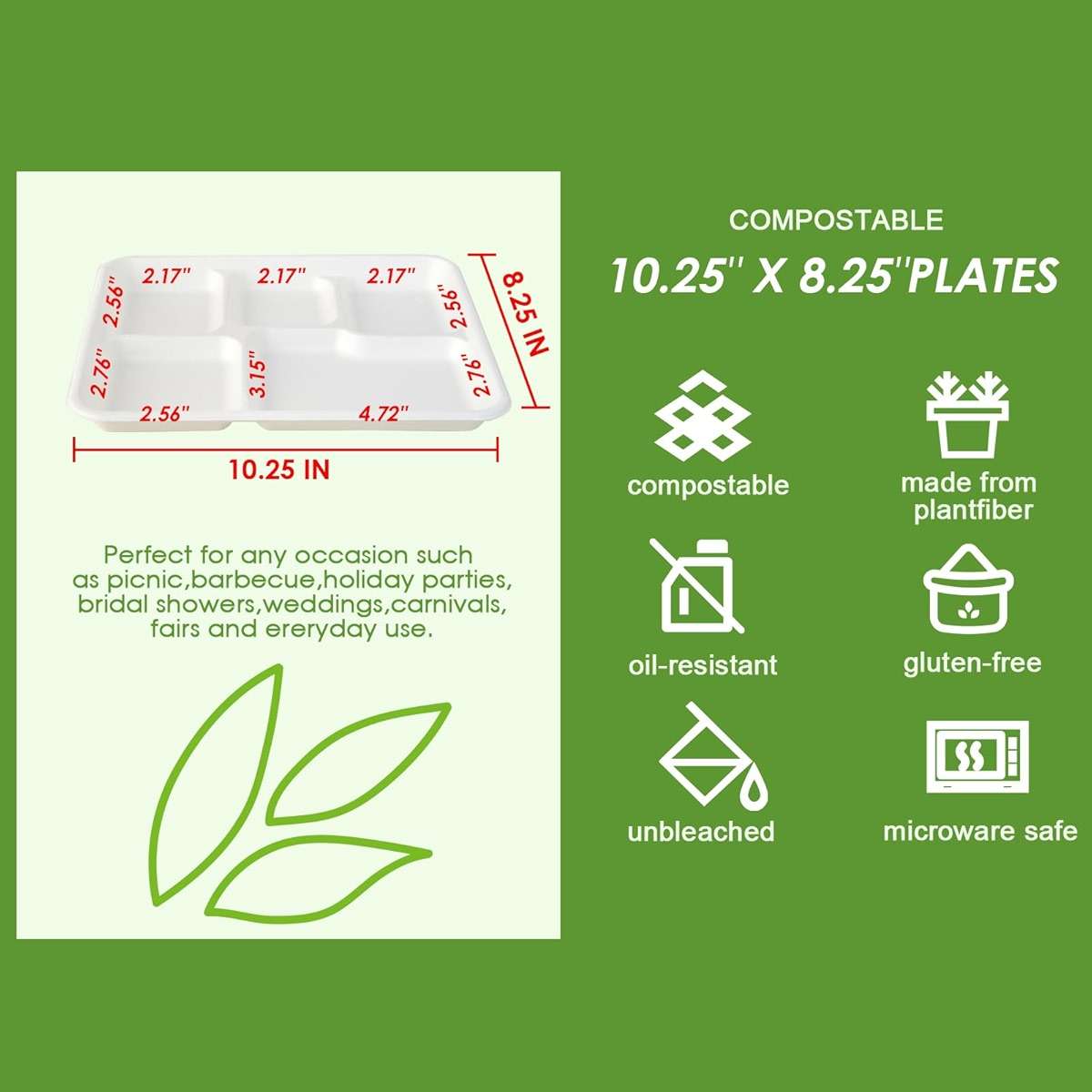 Vplus 100% Compostable Small 5 Compartment Plates 125 Pack 10.25 x 8.25 inch Disposable Sugarcane Bagasse Tray Perfect for Boys and Girls - Image 5