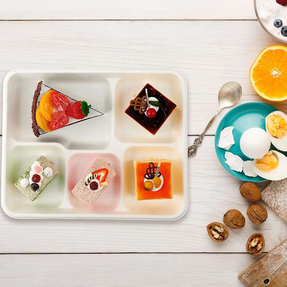 Vplus 100% Compostable Small 5 Compartment Plates 125 Pack 10.25 x 8.25 inch Disposable Sugarcane Bagasse Tray Perfect for Boys and Girls - Image 8