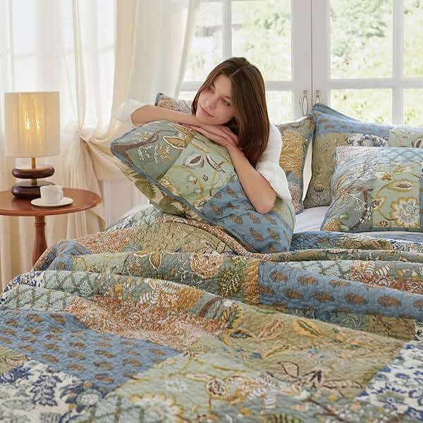 Secgo Queen Comforter Set for Bed - 100% Cotton Quilts Queen Size, Green, Sage Bedspreads (90 * 98 Inch) with 2 Pillow Shams, Patchwork Reversible Lightweight Bedding - Image 2