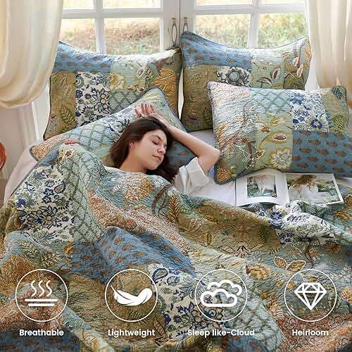 Secgo Queen Comforter Set for Bed - 100% Cotton Quilts Queen Size, Green, Sage Bedspreads (90 * 98 Inch) with 2 Pillow Shams, Patchwork Reversible Lightweight Bedding - Image 3