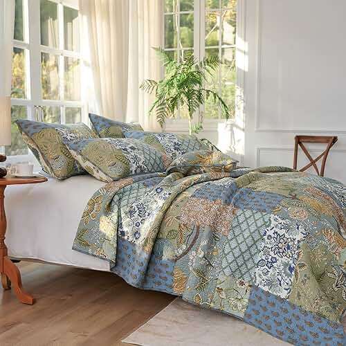 Secgo Queen Comforter Set for Bed - 100% Cotton Quilts Queen Size, Green, Sage Bedspreads (90 * 98 Inch) with 2 Pillow Shams, Patchwork Reversible Lightweight Bedding - Image 5