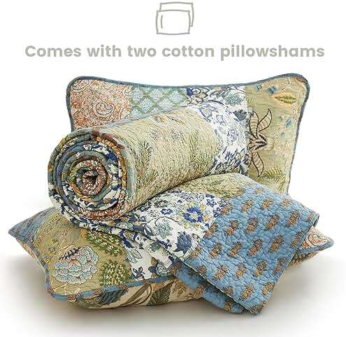 Secgo Queen Comforter Set for Bed - 100% Cotton Quilts Queen Size, Green, Sage Bedspreads (90 * 98 Inch) with 2 Pillow Shams, Patchwork Reversible Lightweight Bedding - Image 6