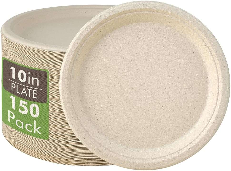 Vplus 150 Pack Compostable Disposable Paper Plates 10 inch Super Strong 100% Bagasse Natural Biodegradable Eco-Friendly Sugarcane Plates(nature) - Image 1