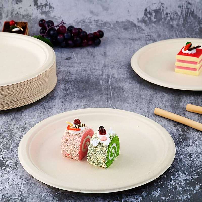 Vplus 150 Pack Compostable Disposable Paper Plates 10 inch Super Strong 100% Bagasse Natural Biodegradable Eco-Friendly Sugarcane Plates(nature) - Image 2