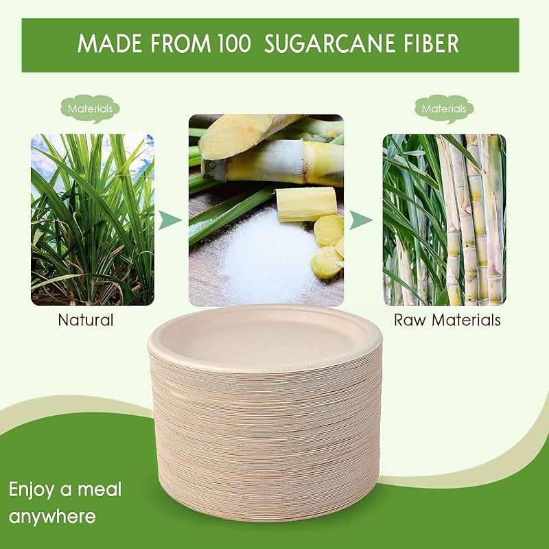 Vplus 150 Pack Compostable Disposable Paper Plates 10 inch Super Strong 100% Bagasse Natural Biodegradable Eco-Friendly Sugarcane Plates(nature) - Image 5