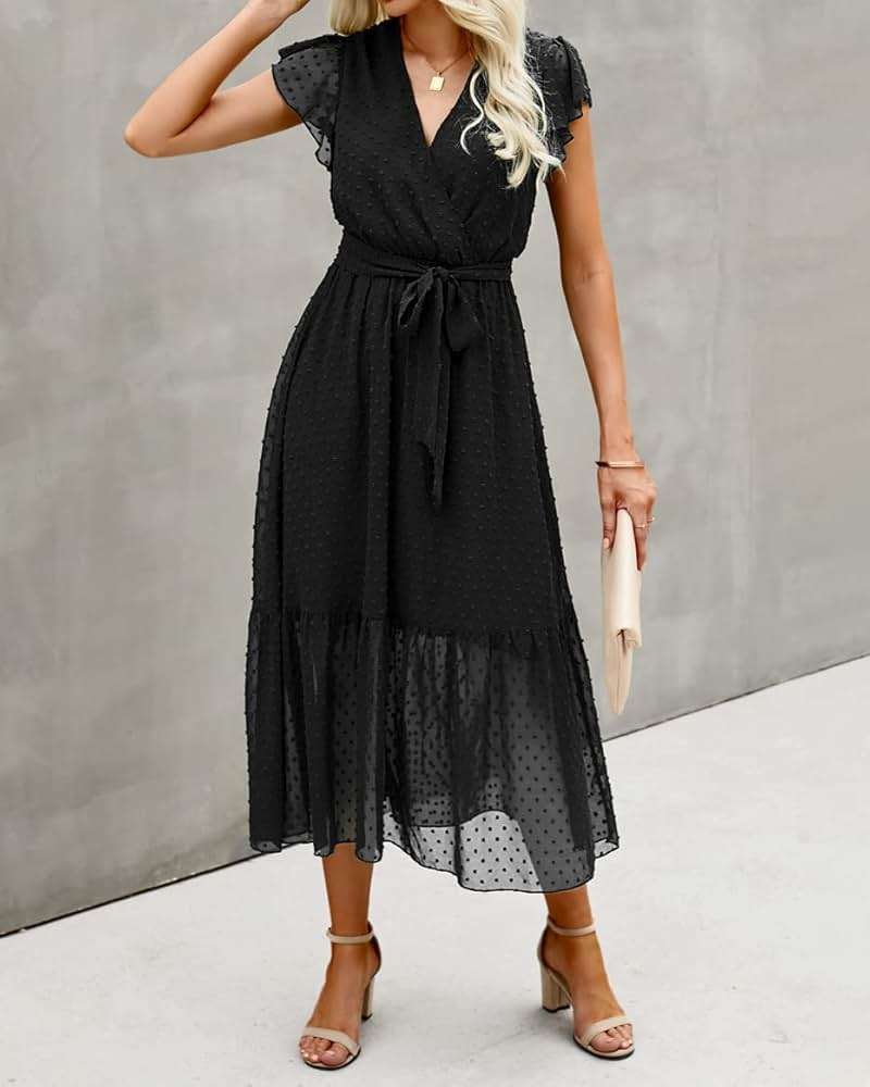 BTFBM Women Summer Bohemian Floral Casual Wrap V Neck Ruffle Cap Sleeveless Belt A-Line Pleated Hem Midi Sun Dress White - Image 2