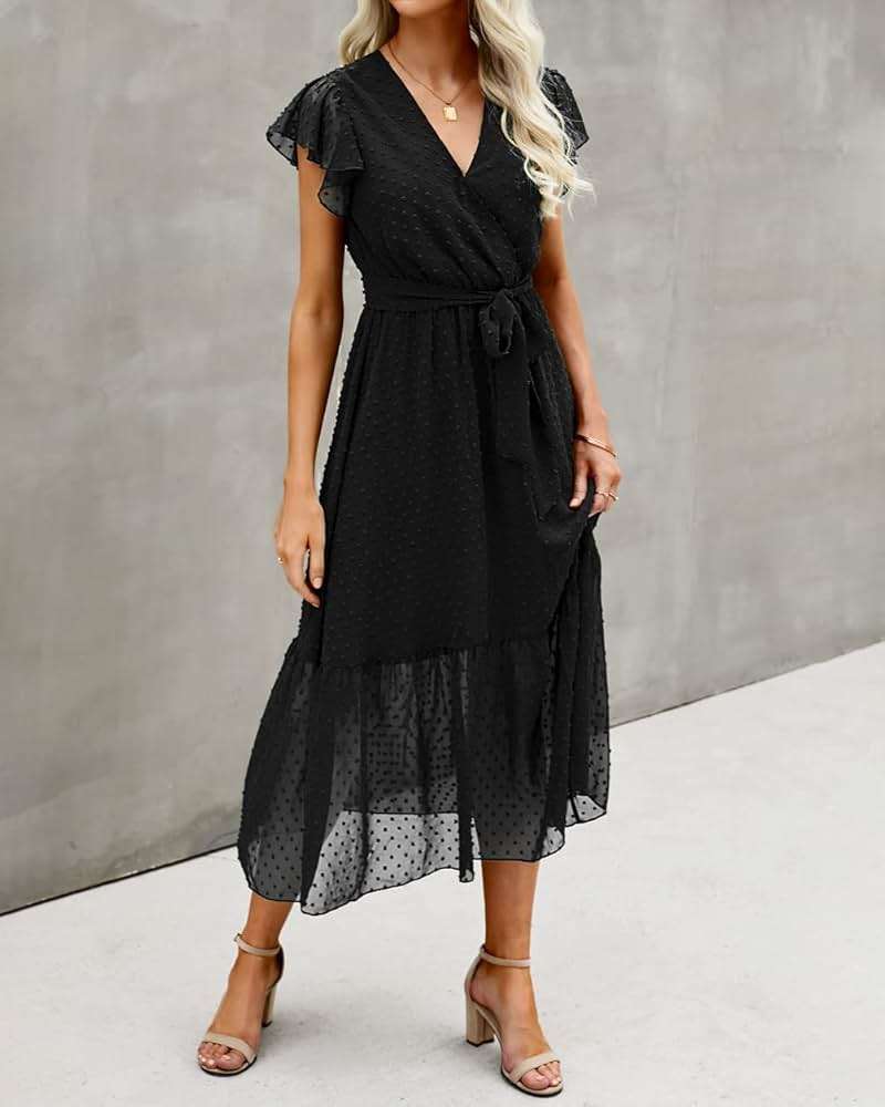 BTFBM Women Summer Bohemian Floral Casual Wrap V Neck Ruffle Cap Sleeveless Belt A-Line Pleated Hem Midi Sun Dress White - Image 3