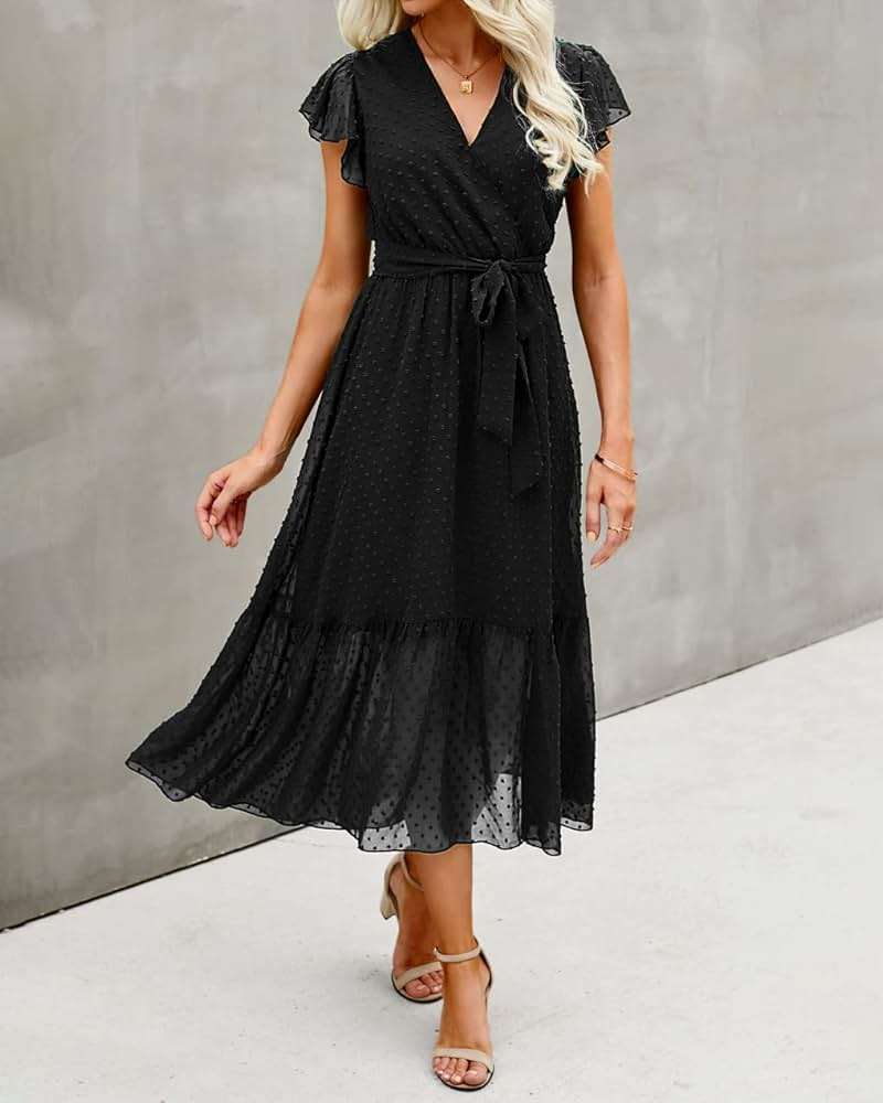 BTFBM Women Summer Bohemian Floral Casual Wrap V Neck Ruffle Cap Sleeveless Belt A-Line Pleated Hem Midi Sun Dress White - Image 4