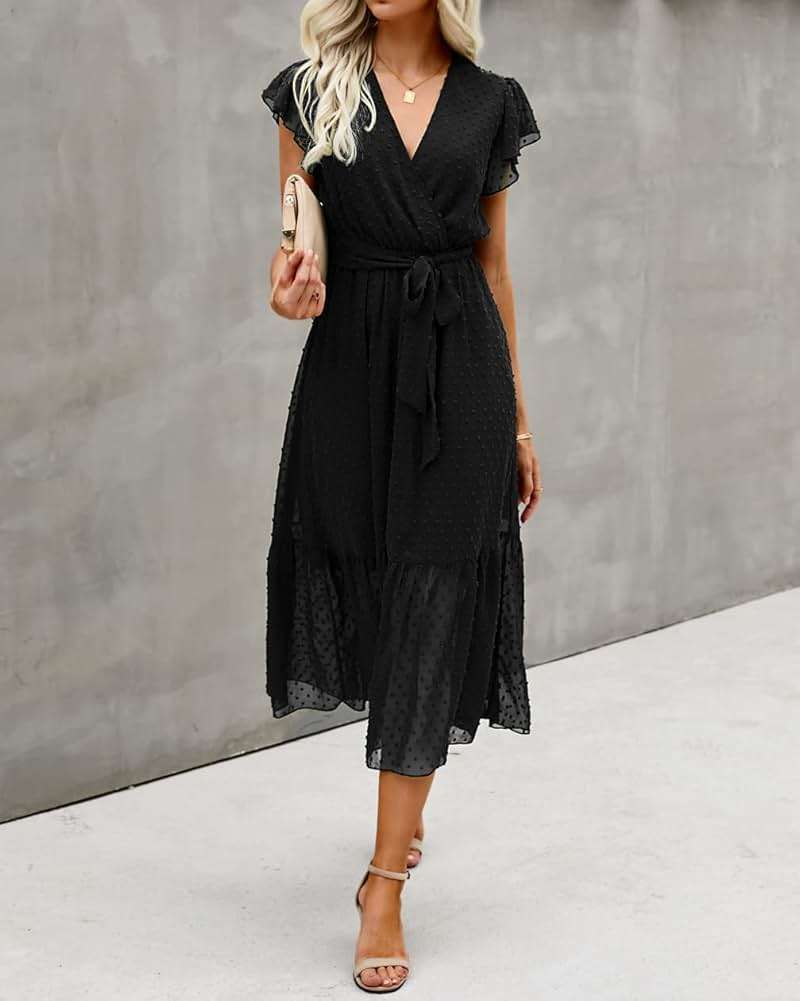 BTFBM Women Summer Bohemian Floral Casual Wrap V Neck Ruffle Cap Sleeveless Belt A-Line Pleated Hem Midi Sun Dress White - Image 6