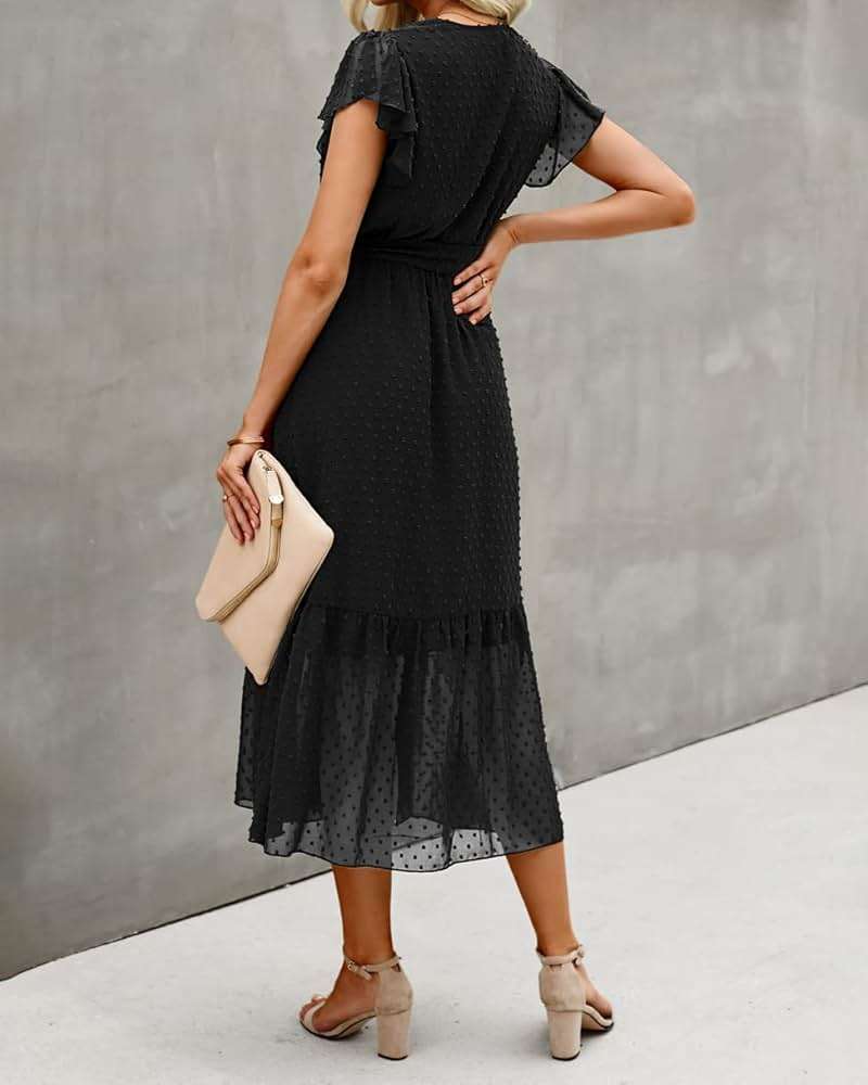 BTFBM Women Summer Bohemian Floral Casual Wrap V Neck Ruffle Cap Sleeveless Belt A-Line Pleated Hem Midi Sun Dress White - Image 7