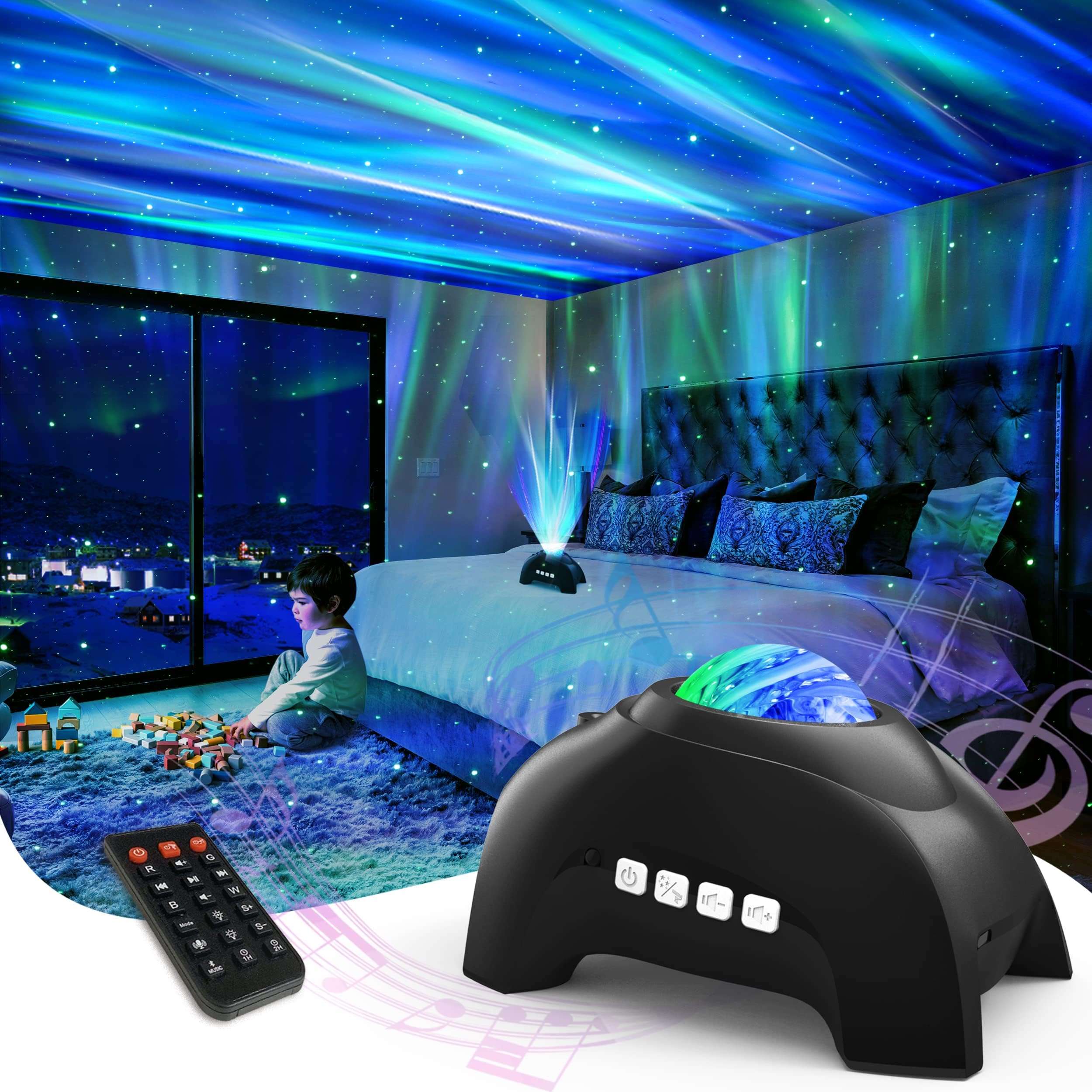 AIRIVO Northern Lights Aurora Projector, Star Projector Music Speaker, White Noise Night Light Galaxy Projector for Kids Adults, for Home Decor Bedroom/Ceiling/Party (Black) - Image 1