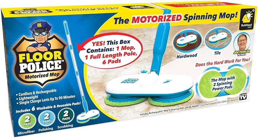 Original As Seen On TV Floor Police Mop with Motorized Dual Spinning Mopheads & 6 Unique Cleaning Pads by BulbHead, Lightweight, Rechargeable & Cordless, Great Hardwood Floor and Tile Cleaner - Image 1