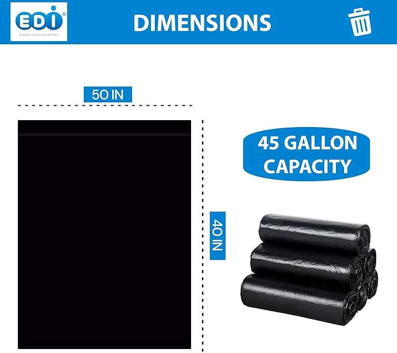EDI Black Trash Can Liners, Large Heavy Duty Trash Bags, 45-Gallon Capacity, 48" x 40", 16-Micron (200 Count) - Image 2