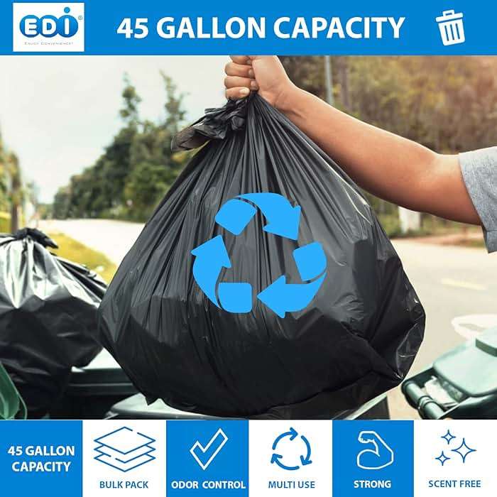 EDI Black Trash Can Liners, Large Heavy Duty Trash Bags, 45-Gallon Capacity, 48" x 40", 16-Micron (200 Count) - Image 5