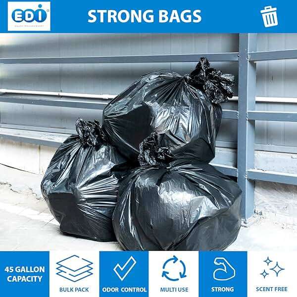 EDI Black Trash Can Liners, Large Heavy Duty Trash Bags, 45-Gallon Capacity, 48" x 40", 16-Micron (200 Count) - Image 7