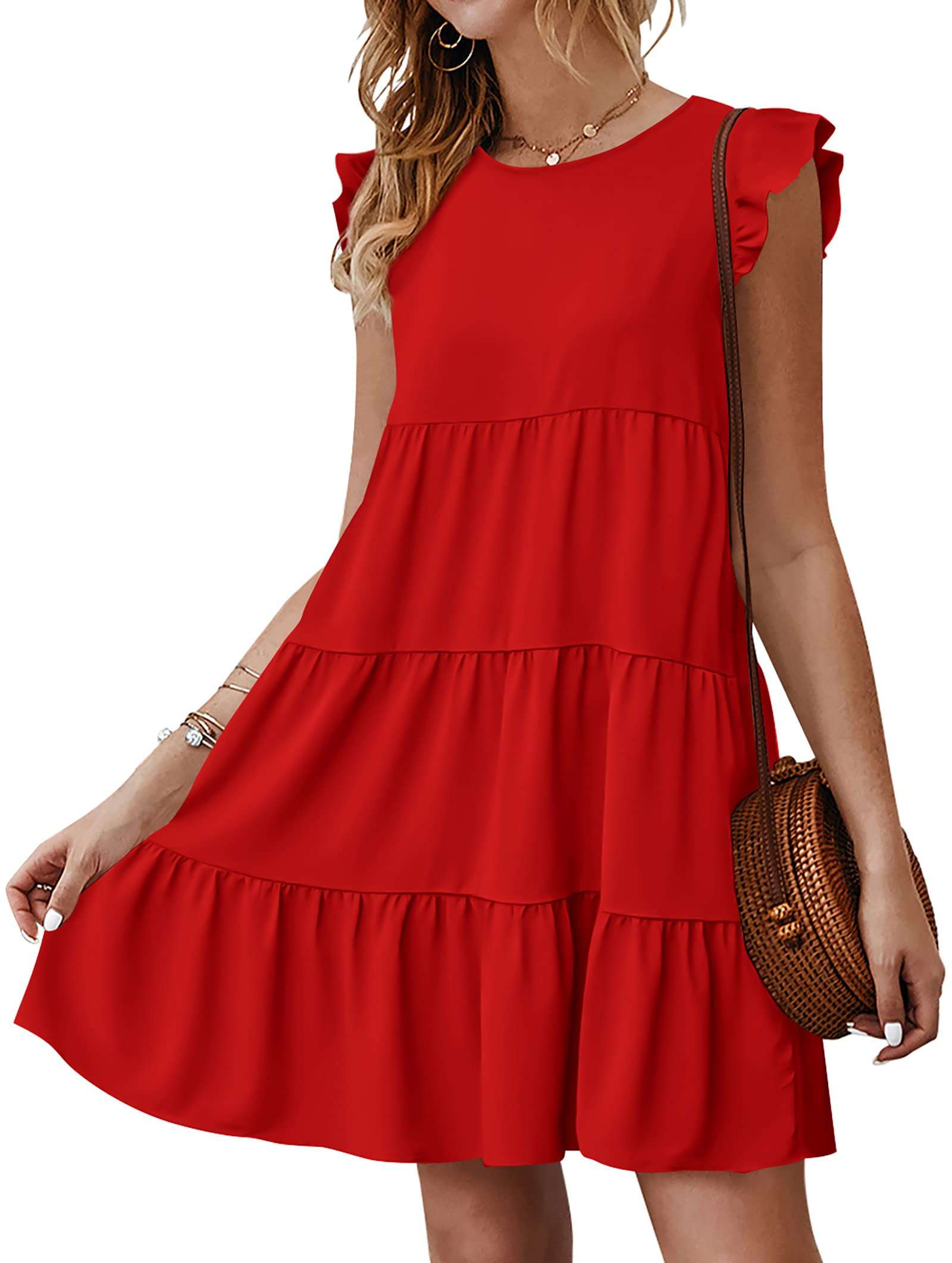 KIRUNDO Summer Dresses for Women Sundress Sleeveless Ruffle Sleeve Round Neck Loose Short Flowy Pleated Mini Babydoll Dress - Image 1