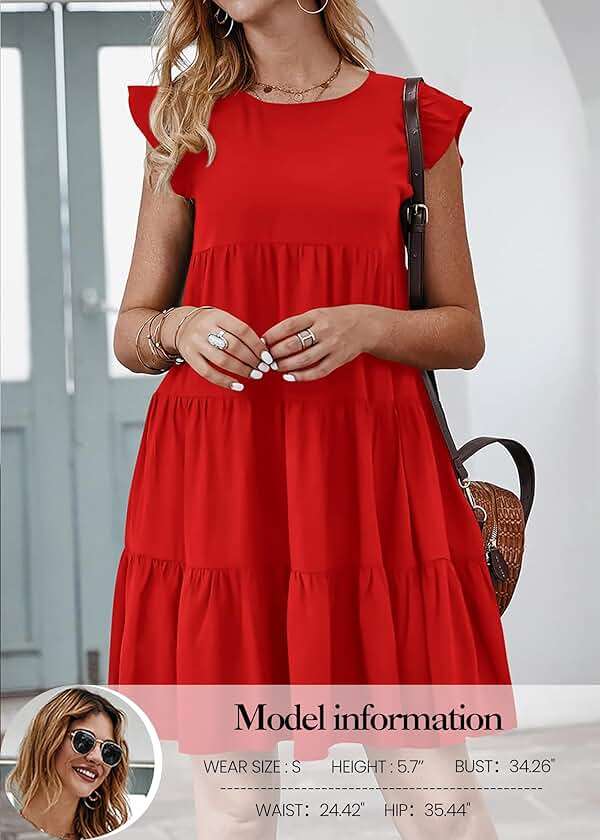 KIRUNDO Summer Dresses for Women Sundress Sleeveless Ruffle Sleeve Round Neck Loose Short Flowy Pleated Mini Babydoll Dress - Image 2