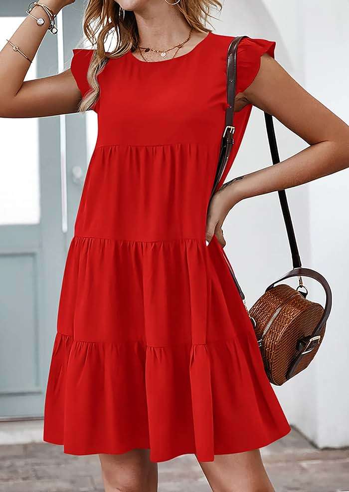 KIRUNDO Summer Dresses for Women Sundress Sleeveless Ruffle Sleeve Round Neck Loose Short Flowy Pleated Mini Babydoll Dress - Image 3