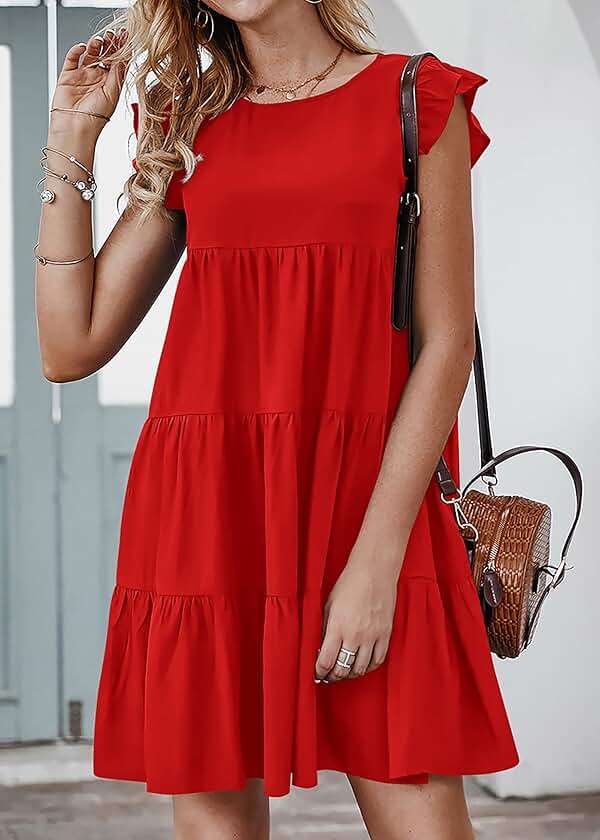 KIRUNDO Summer Dresses for Women Sundress Sleeveless Ruffle Sleeve Round Neck Loose Short Flowy Pleated Mini Babydoll Dress - Image 4