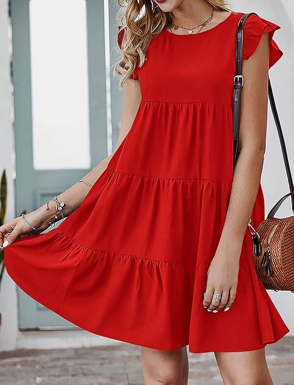 KIRUNDO Summer Dresses for Women Sundress Sleeveless Ruffle Sleeve Round Neck Loose Short Flowy Pleated Mini Babydoll Dress - Image 5