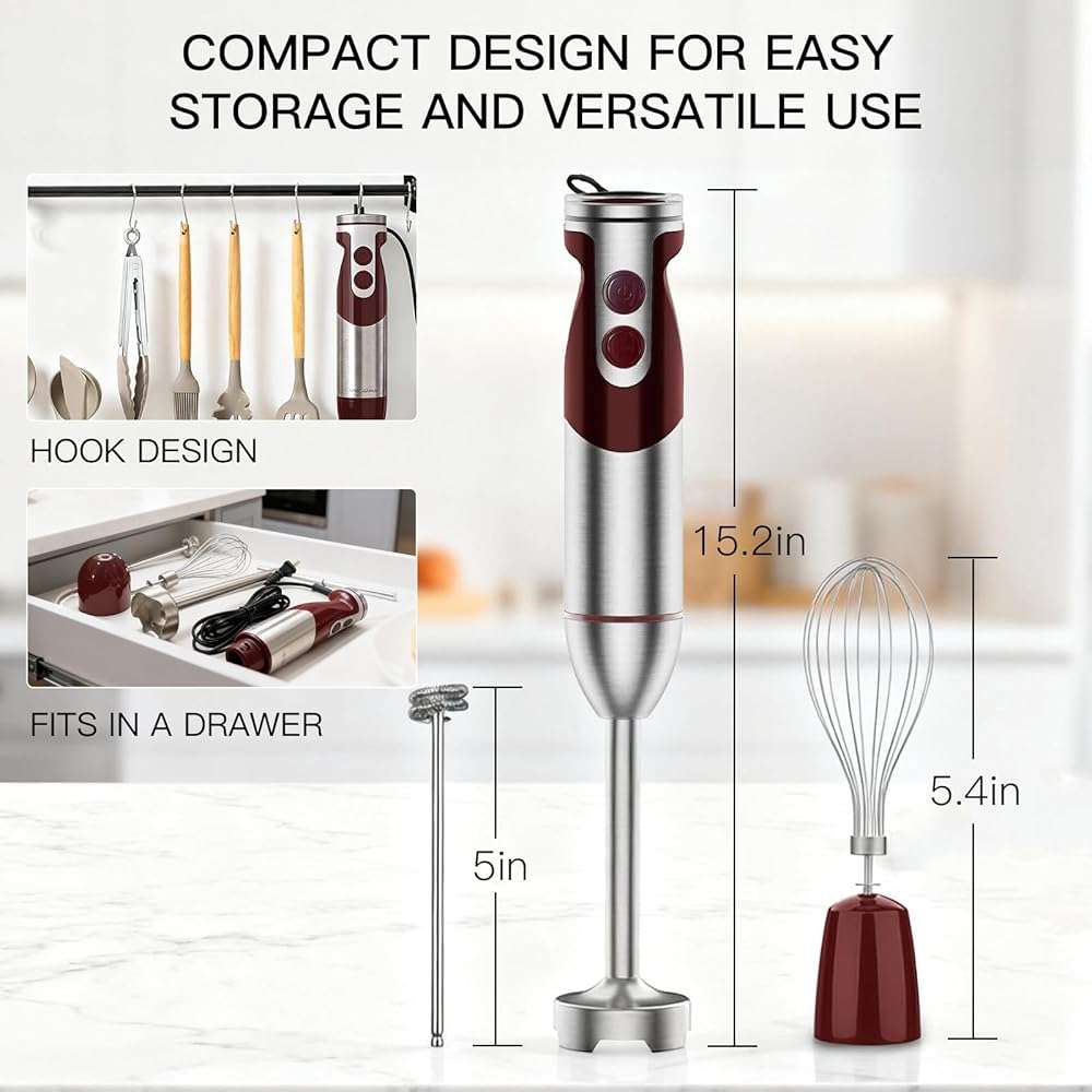 Megawise 3- in-1 Immersion Hand blender, Powerful MOTOR & Stainless Steel Stick Blender, 4 Sharp Blades with Whisk, Milk Frother Attachments - Image 5