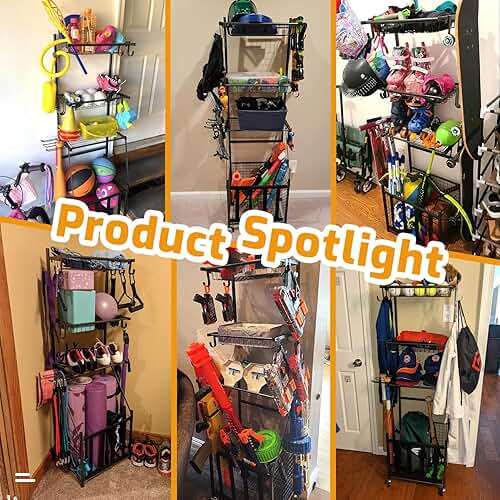 PLKOW Sports Equipment Storage for Garage, Indoor/Outdoor Sports Rack for Garage, Ball Storage Garage Organizer with Basket and Hooks,Toy/Sports Gear Storage - Image 3