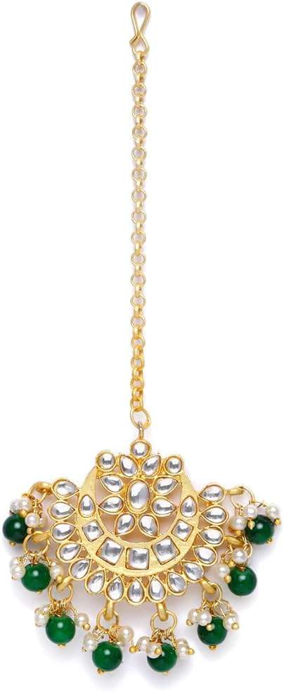 I Jewels Gold Plated Ethnic Matte Finish Traditional Kundan Studded Maang Tikka with Pearls for Women - Image 1