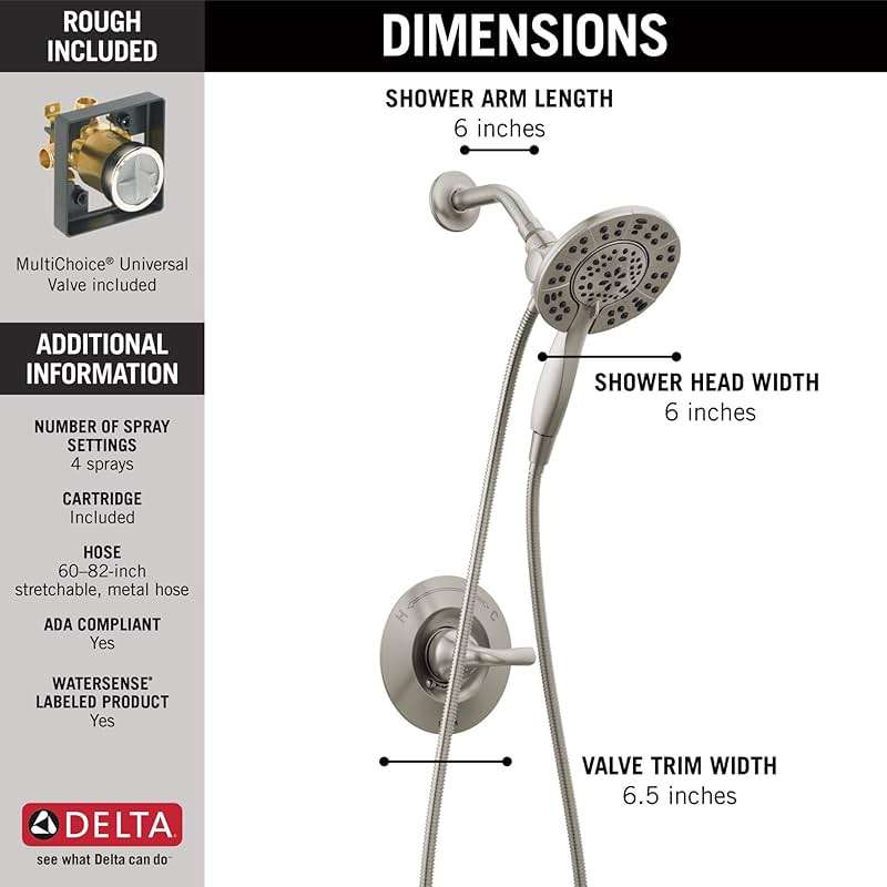 Delta Arvo 14 Series Brushed Nickel Shower Faucet Set with In2ition 2-in-1 Dual Shower Head with HandHeld Spray Combo, Valve Trim Kit, SpotShield Stainless 142840-SP-I (Valve Included) - Image 3