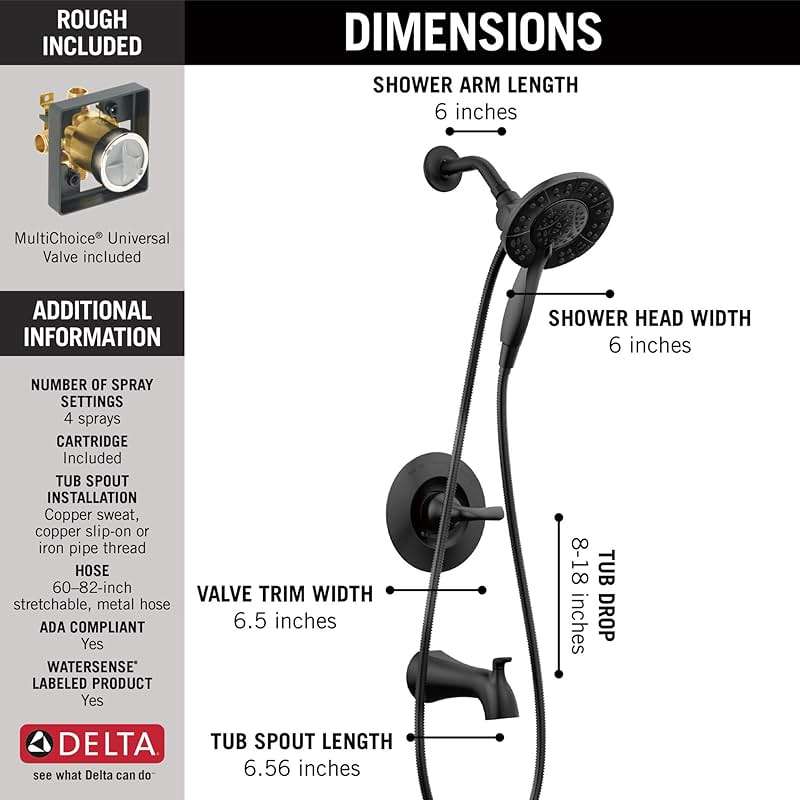 Delta Arvo 14 Series Matte Black Bathtub Shower Faucet Set with In2ition 2-in-1 Dual Shower Head with Handheld Spray Combo, Valve Trim Kit, Matte Black 144840-BL-I (Valve Included) - Image 3