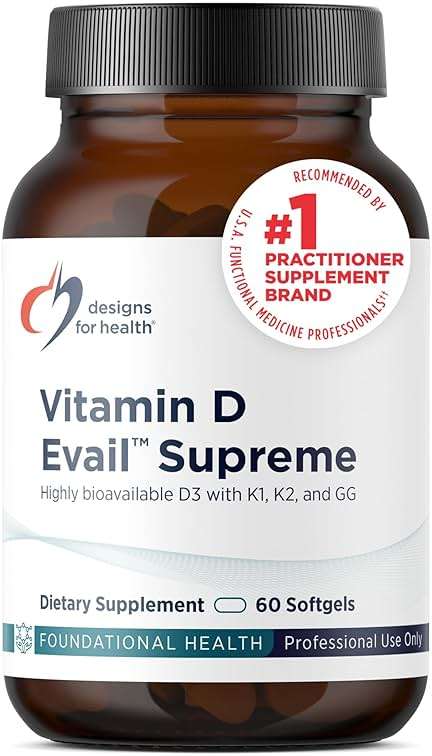 Designs for Health D-Evail Supreme - 5,000 IU Vitamin D3 Supplement with VIT K (K1, K2 as MK-4) + GG - Bone, Cardiovascular + Immune Support - Improved Bioavailability (60 Softgels) - Image 1