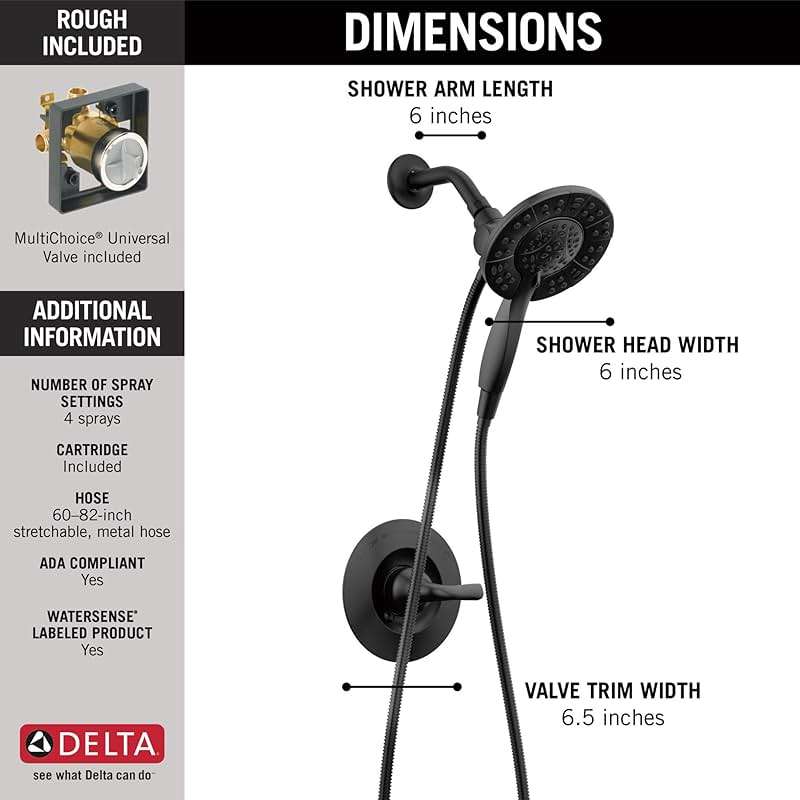 Delta Arvo 14 Series Matte Black Shower Faucet Set with In2ition 2-in-1 Dual Shower Head with HandHeld Spray Combo, Valve Trim Kit, Matte Black 142840-BL-I (Valve Included) - Image 3