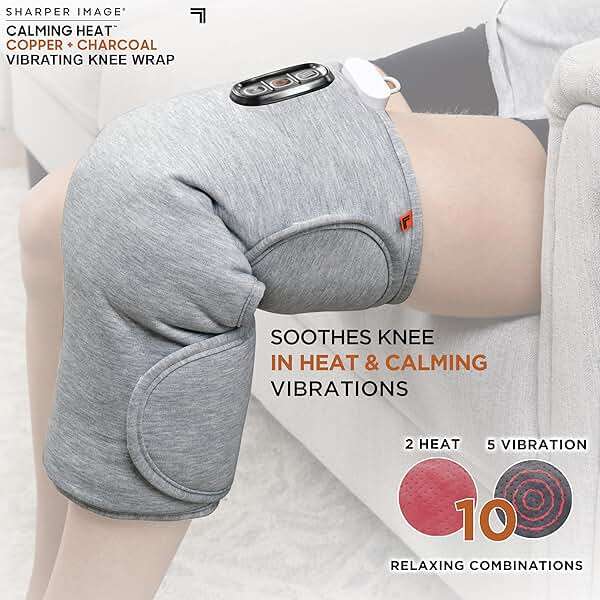 Calming Heat Knee Wrap by Sharper Image | Weighted Copper & Charcoal, Heating Pad, Auto Shut-Off Feature, Gift for Holidays, Women & Men | 2 Heat & 5 Vibrating Massage Settings, 30.3” x 16.5” - Image 2
