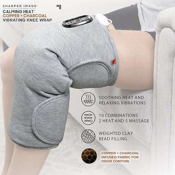 Calming Heat Knee Wrap by Sharper Image | Weighted Copper & Charcoal, Heating Pad, Auto Shut-Off Feature, Gift for Holidays, Women & Men | 2 Heat & 5 Vibrating Massage Settings, 30.3” x 16.5” - Image 4